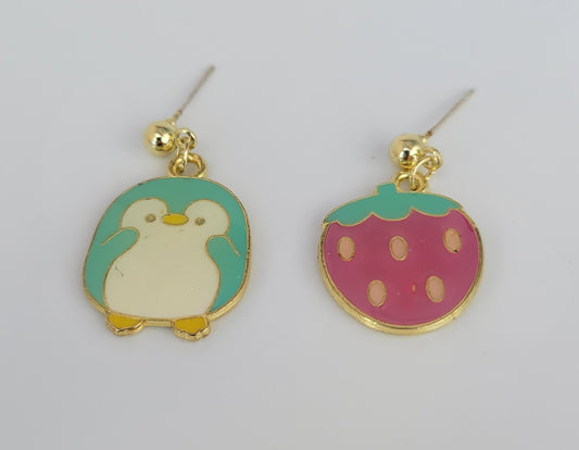 Green Penguin with Strawberry Earrings
