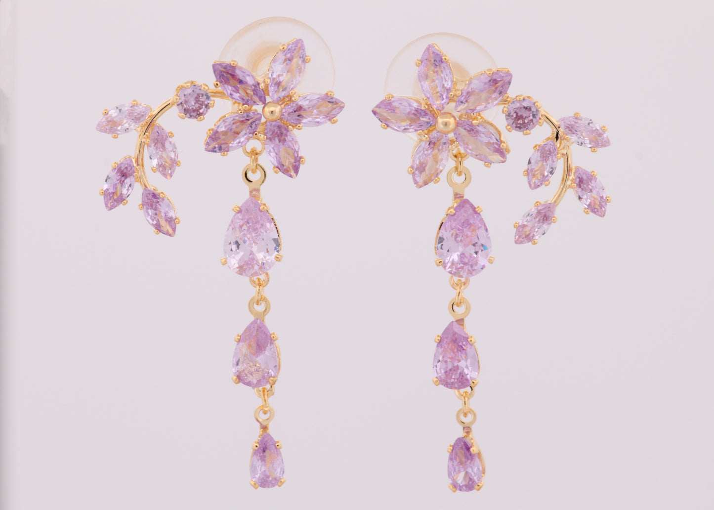 Long Flower Earrings Purple Floral Drop Earrings Gold