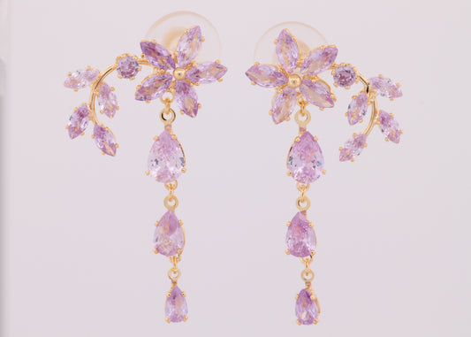 Long Flower Earrings Purple Floral Drop Earrings Gold