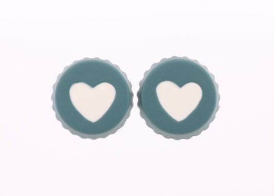 Teal Circle White Heart Earrings