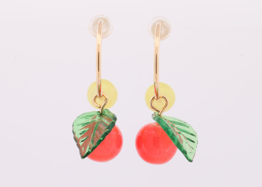 Cherry Green Leaf Gold Heart Earrings