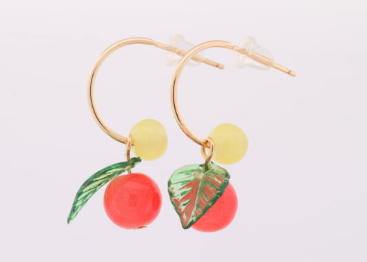 Cherry Green Leaf Gold Heart Earrings