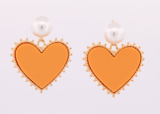 Orange Heart Pearl Earrings