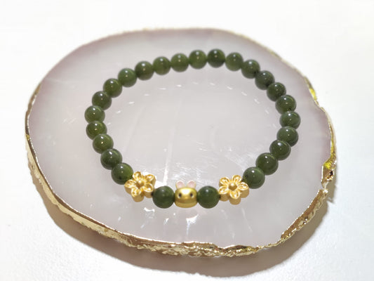 Green Jade Bracelet with Gold Plated Flower and Rabbit