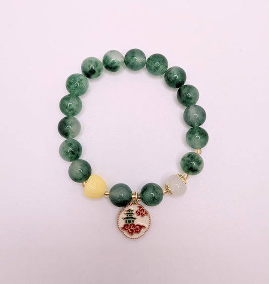 Green Beaded Bracelet with Temple on Clouds